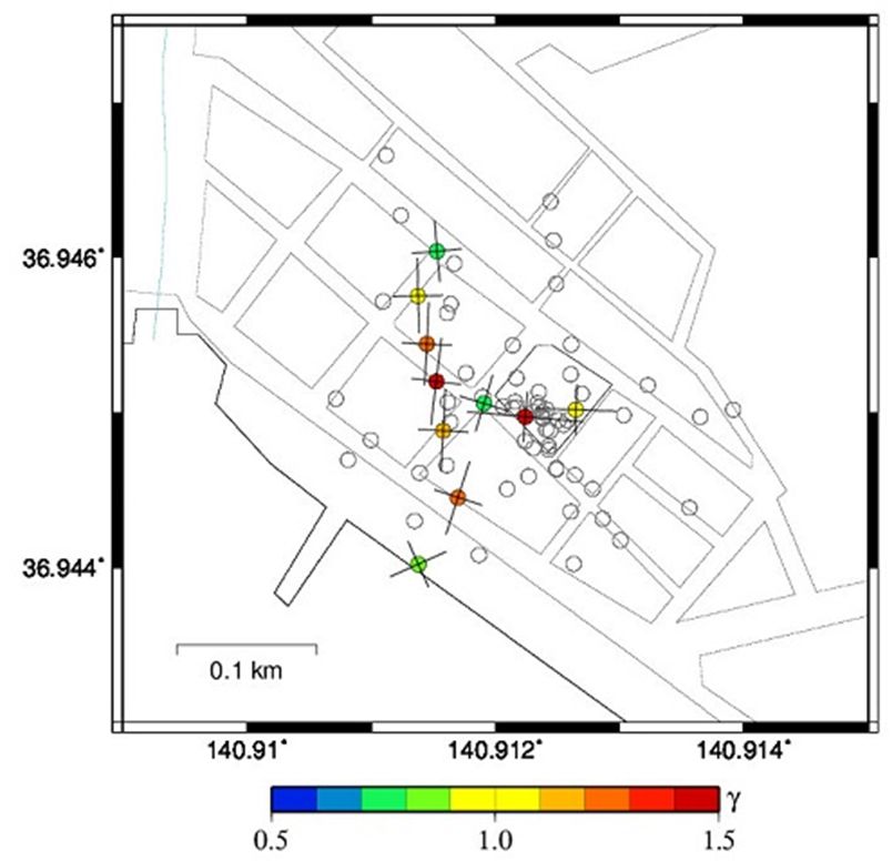 The directional dependency of Horizontal-to-Vertical spectral ratio of microtremors (MHVR) (above) and the assumed location of the heterogeneous subsurface structure inferred from the MHVRs (below)
