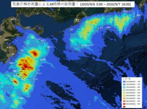気象庁解析雨量による39時間の総雨量： (2020/9/6 3:00 – 2020/9/7 18:00)