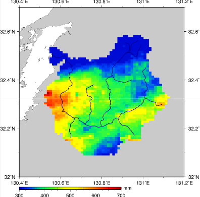 球磨川流域の24時間雨量（2020年7月3日10時～4日10時） 