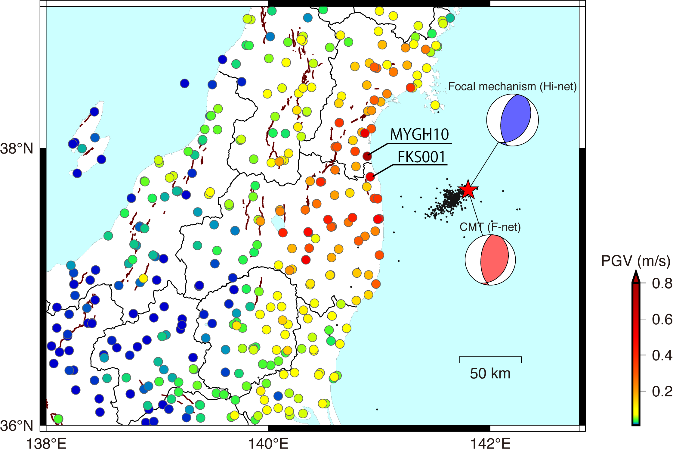 震央位置・メカニズム解・余震域、および地震最大速度分布（2021年 福島県沖の地震）