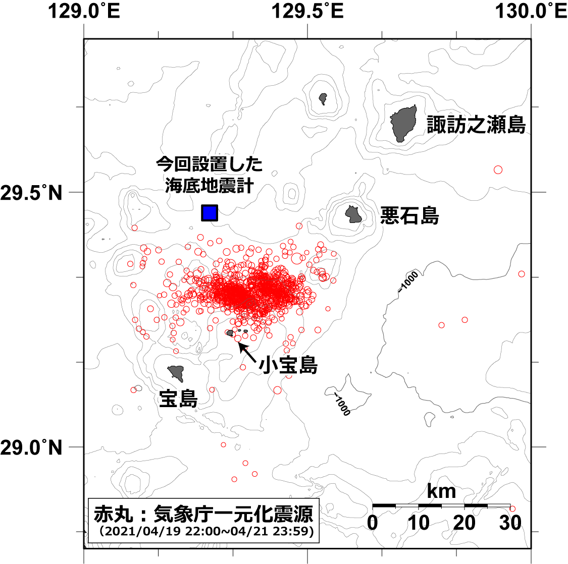 今回設置した海底地震計の位置と気象庁による震央分布